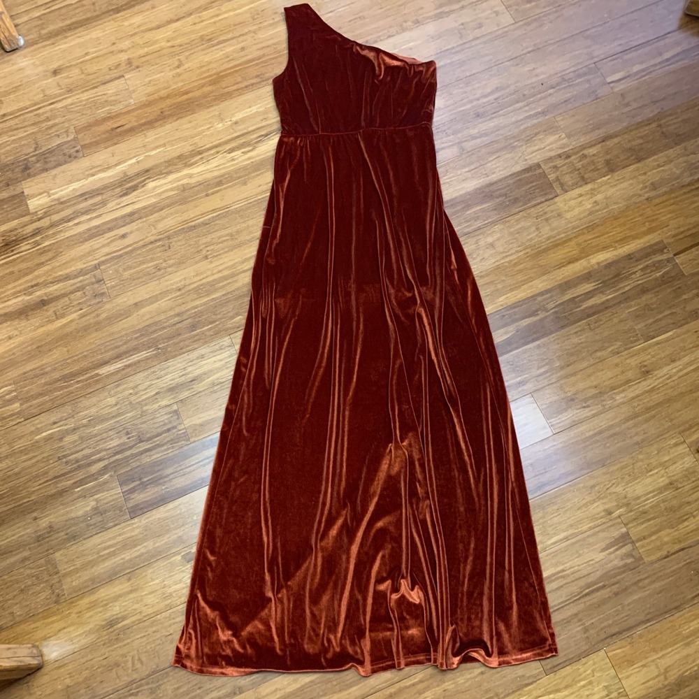 Baltic Born One Shoulder Velvet Maxi Dress‎ Burnt Orange Size Large Side Slit - Picture 5 of 6